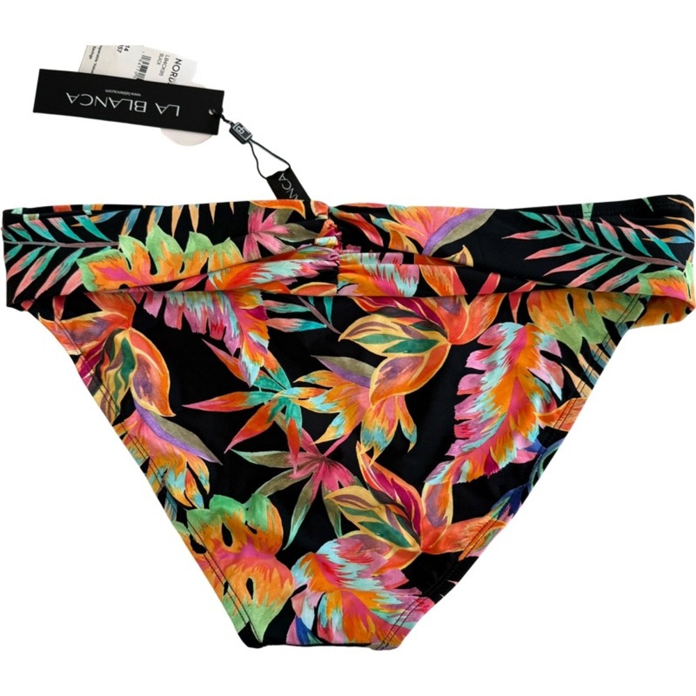 LA BLANCA Tropical Leaf Print Foldover Bikini Bottoms Black Orange Green Size 14 - Picture 2 of 8
